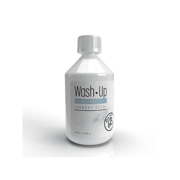 Witte fles wasparfum Boles d'olor Wash Up Fresh Linen, met witte schroefdop en een etiket met Wash Up, Fresh Linen en Laundry Scent