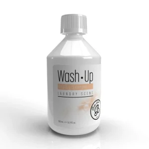 Witte fles wasparfum Boles d'olor Wash Up Fruity Sunrise, met witte schroefdop en een etiket met Wash Up, Fruity Sunrise en Laundry Scent