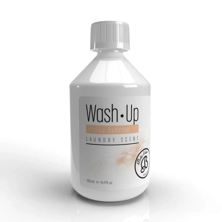 Witte fles wasparfum Boles d'olor Wash Up Fruity Sunrise, met witte schroefdop en een etiket met Wash Up, Fruity Sunrise en Laundry Scent