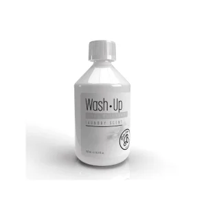 Witte fles wasparfum Boles d'olor Wash Up Musk & White Flowers, met witte schroefdop en een etiket met Wash Up, Musk & White Flowers en Laundry Scent