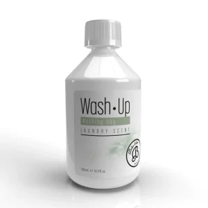 Witte fles wasparfum Boles d'olor Wash Up Washing Day, met witte schroefdop en een etiket met Wash Up, Washing Day en Laundry Scent
