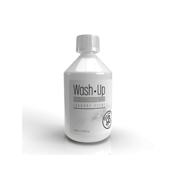 Witte fles wasparfum Boles d'olor Wash Up White Glowing, met witte schroefdop en een etiket met Wash Up, White Glowing en Laundry Scent