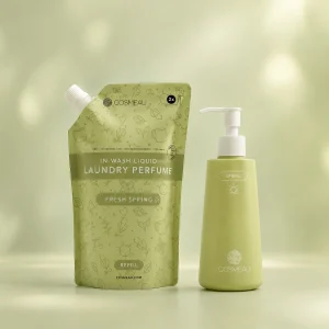 Cosmeau Wasparfum Lentefris, flesje met pompje van 250 ml naast de navulzak van 500 ml