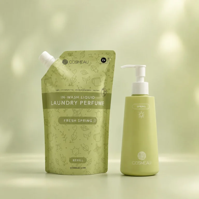 Cosmeau Wasparfum Lentefris, flesje met pompje van 250 ml naast de navulzak van 500 ml