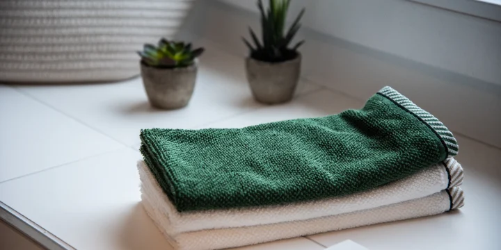 Een stapel opgevouwen handdoeken naast een plant