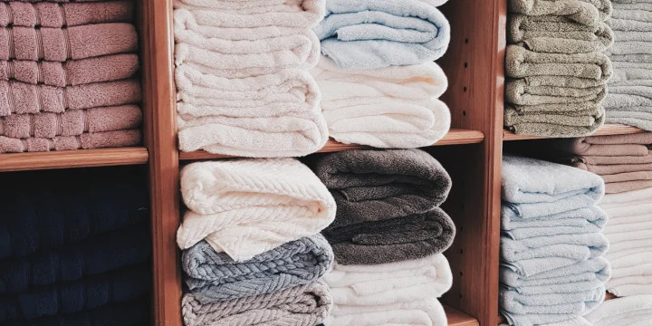 Opgevouwen textiel op een houten plank in de kast