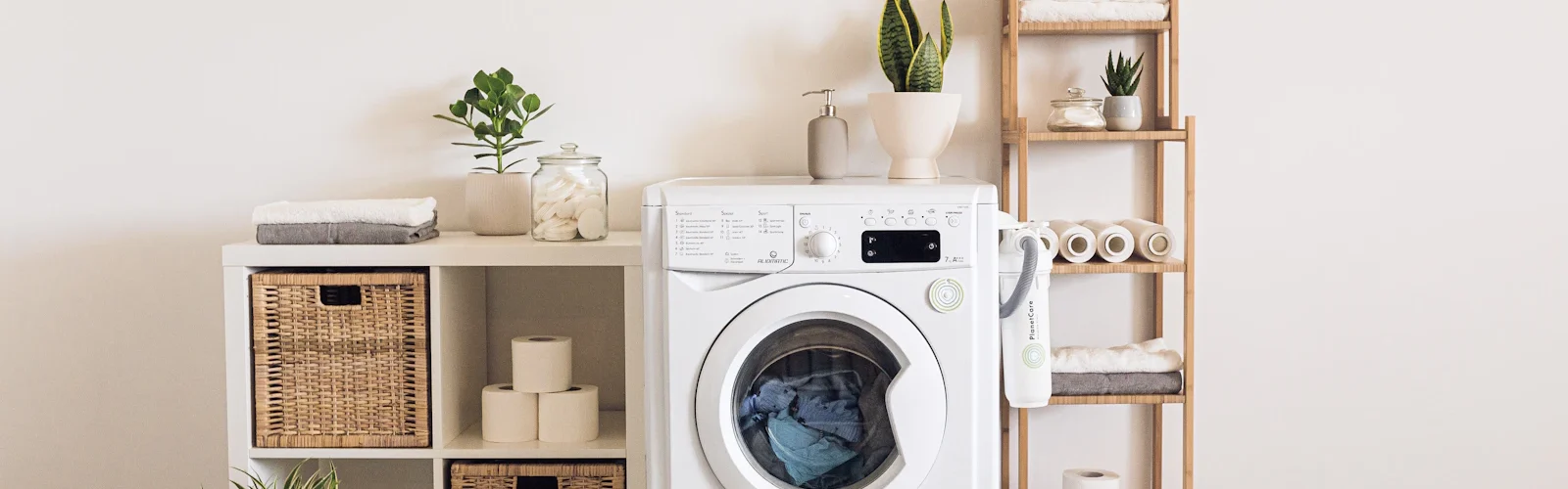 Een wasmachine met vooropening in een lichte wasruimte