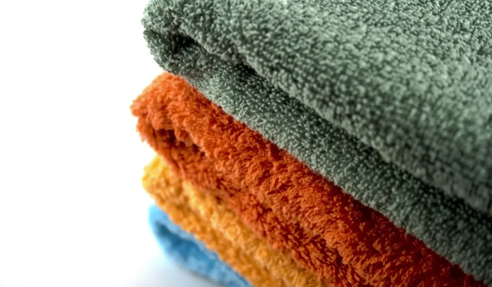 Vier opgevouwen handdoeken in verschillende kleuren op elkaar